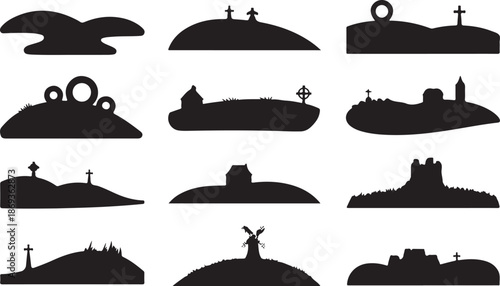 Collection of Silhouette Cemetery and Castle Landscapes with Crosses and Buildings Keywords: cemetery, graveyard, tombstone, cross, hill, landscape, silhouette, castle, church, building, tomb