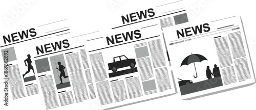 Newspaper icons set with headlines, articles and news symbols, vector front pages for media, journalism and press themes