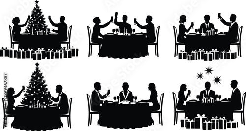 Christmas dinner silhouette scenes with people, festive table, gifts, tree, candles, wine, holiday celebration vector, black illustration