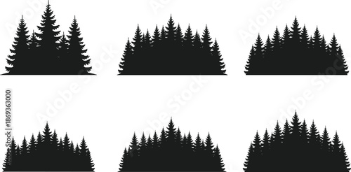 Conifer tree cluster silhouettes in black, pine forest shapes, evergreen nature vector elements, outdoor landscape design illustration