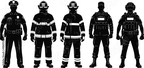 Emergency personnel silhouette set with police, firefighters, soldier, SWAT officer, black vector illustration of public safety uniforms