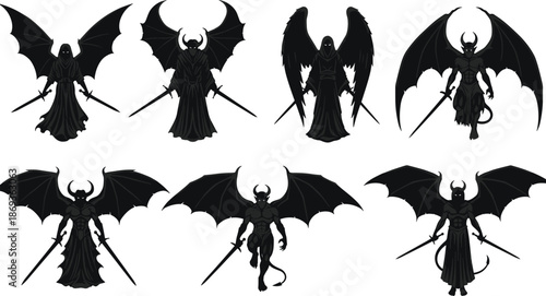 Dark fantasy demon warrior silhouettes with wings, horns, swords, robes, muscular figures, black vector character design, gothic illustration