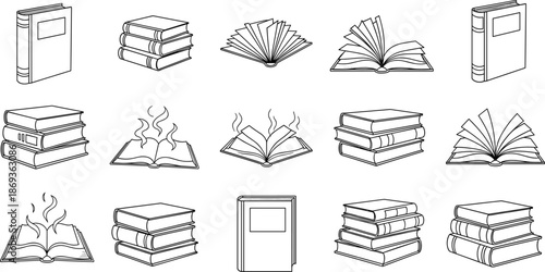 Magical book illustration set with open, stacked, flaming, and labeled books, black and white vector literary design