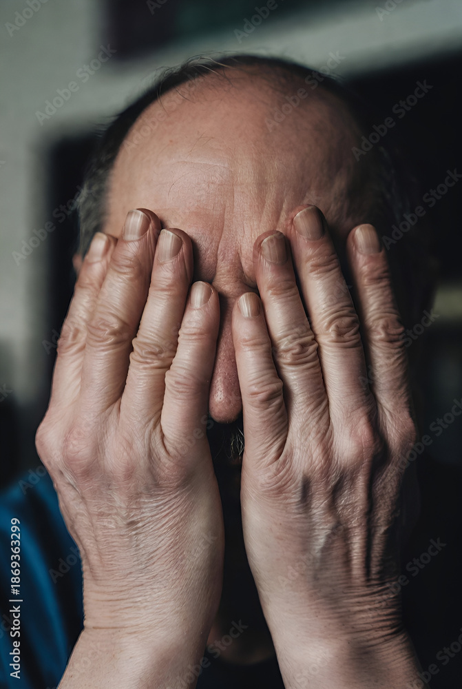custom made wallpaper toronto digitalperson's hands covering their face, suggesting a state of distress, sadness, or emotional turmoil. The hands are covering the eyes and forehead, creating a sense of hiding or concealing one's emotions