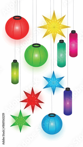 Colorful hanging lanterns and stars for celebration indoors and outdoors.