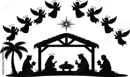 Nativity scene silhouette with baby Jesus, Mary, Joseph, three wise men, angels, Bethlehem star, palm tree, religious Christmas vector