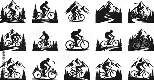 Mountain biking silhouette set with cyclists, pine trees, trails, sun, nature adventure vector, black and white outdoor design