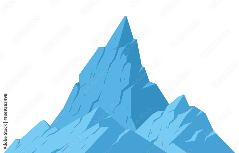 Fototapeta premium Blue ice mountain illustration featuring sharp icy peaks and frozen glacier textures. Clean flat vector design isolated on white background, perfect for winter themes, cold climate concepts, and natur