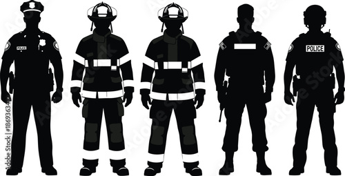 Public safety silhouettes of police, firefighters, tactical officers, emergency responders, uniformed figures, black vector illustration, security personnel