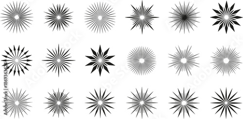 Radial starburst vector set with geometric spikes, black symmetrical burst designs, abstract sunburst elements, graphic pattern illustration