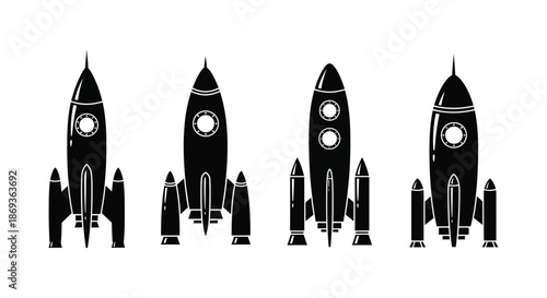 Four distinct rocket designs presented in a striking black silhouette