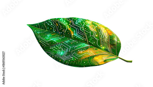 A vibrant leaf merges nature with technology via circuit board design