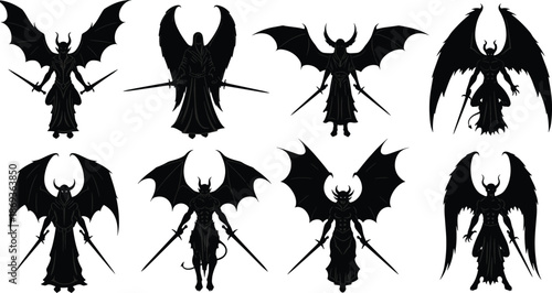 Winged demon warrior silhouettes with horns, swords, gothic armor, dark fantasy characters, black vector illustration, mythological battle design