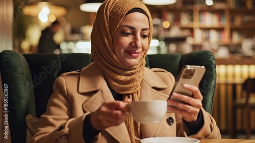 Wallpaper Mural Woman Using Smartphone and Drinking Coffee in Cozy Cafe. Torontodigital.ca
