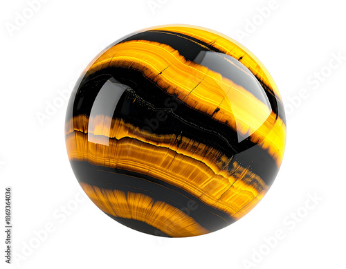 Polished sphere of banded gold and black mineral, glassy, isolated