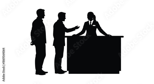 business people interacting with a receptionist at a desk silhouette