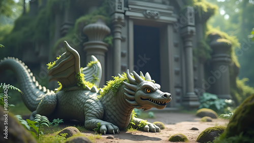 Mossy Dragon Statue in Ancient Temple