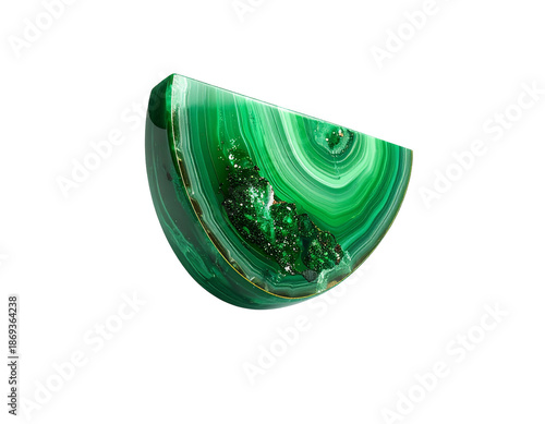 Sliced malachite gemstone, showcasing vivid green concentric banding against black