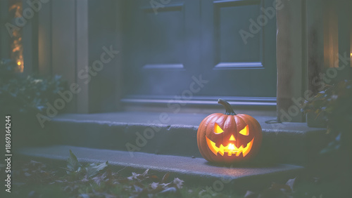 Halloween Pumpkin on Porch at Night