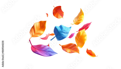 Floating, vibrant leaves in autumn colors against a stark black background