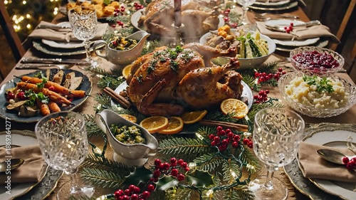 Setting a festive table with a roasted centerpiece and decorative greens