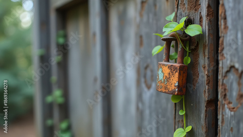 Rusty padlock on weathered wooden gate with vine