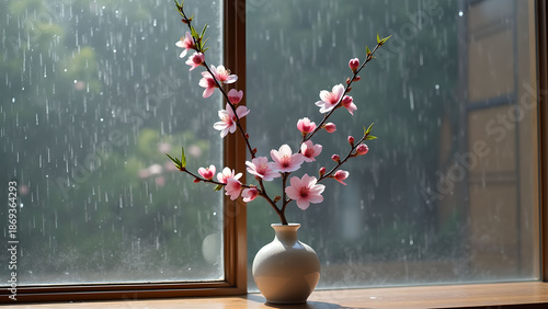 Spring blossoms in rain by the window