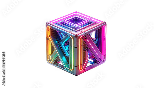 Futuristic 3D cube with neon lights & layered geometric design