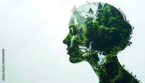 Abstract conceptual image of environmental consciousness, blending human profile with lush forest, symbolizing humanity's deep connection to nature and urgent ecological awareness