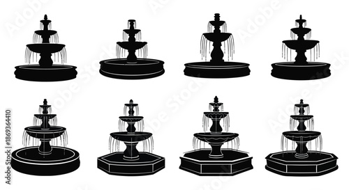 Elegant tiered fountains in a black and white graphic a stunning silhouette