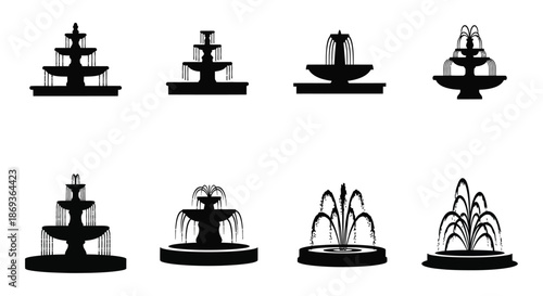 Collection of ornate fountain designs in a striking black silhouette