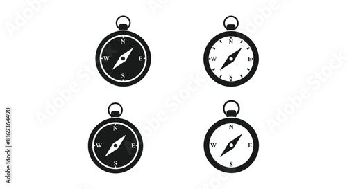 Four black compass icons displayed with directional needles a striking silhouette