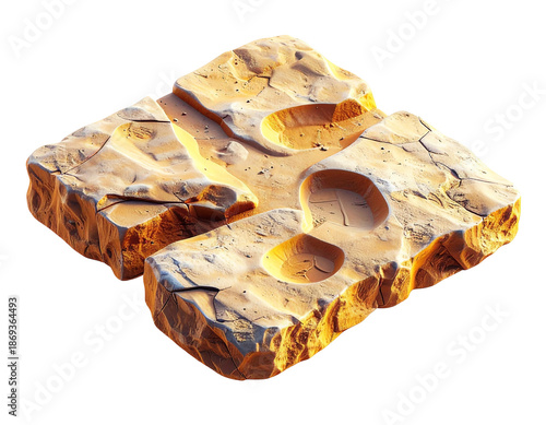 Isometric view of a sunlit, stylized terrain segment with indentations