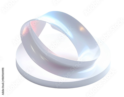 Abstract, glossy, ring-shaped object on a white platform