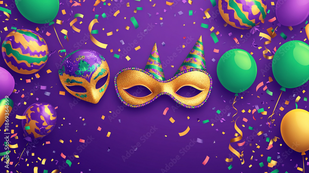 Fototapeta premium Minimal scene with beads, masks, balloons, and confetti for Mardi Gras. Clean modern design and vibrant palette highlight energetic atmosphere