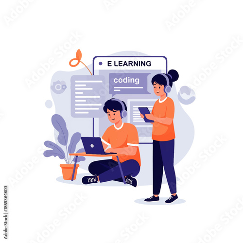 Online learning students illustration in cute flat vector style for e learning platforms, virtual classrooms, and education apps, featuring pastel cartoon characters and clean minimal design