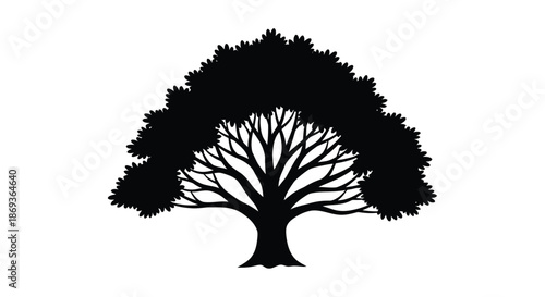 A striking depiction of a large full tree in black silhouette