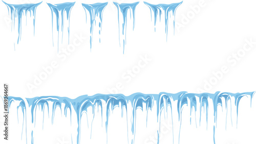 Set of blue icicles in various lengths and formations representing winter frost and dripping frozen water elements