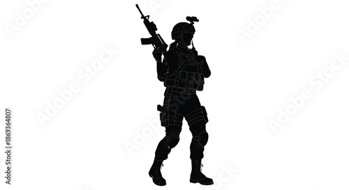 Armed soldier standing guard with equipment a striking black silhouette
