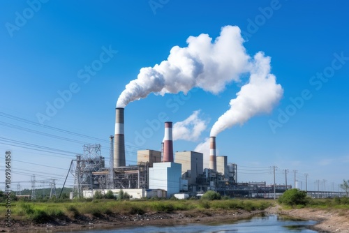 Wallpaper Mural Power plant emitting white smoke from multiple chimneys, polluting the air on a clear day Torontodigital.ca