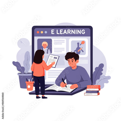 Teacher recording online lesson illustration in cute flat vector style for digital education content, video learning, and online teaching platforms