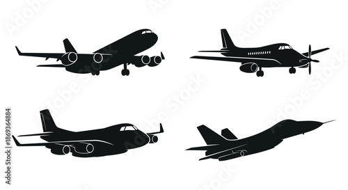 Various airplane designs and shapes presented in a striking black silhouette