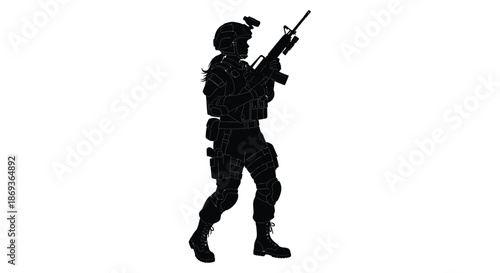 Armed soldier in combat gear holding a rifle distinct black silhouette