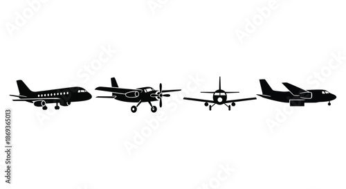 A row of different aircraft types illustrated in black silhouette