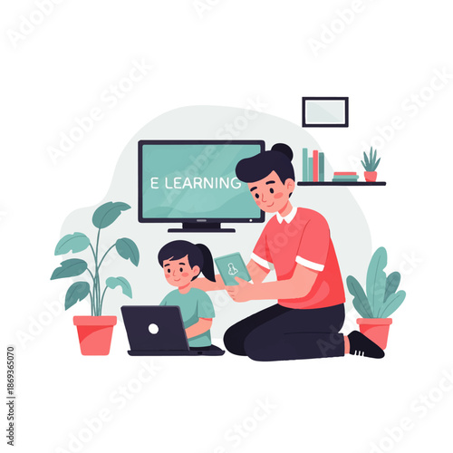 Online homework completion illustration in cute flat vector style for e learning platforms, student assignments, and digital education systems