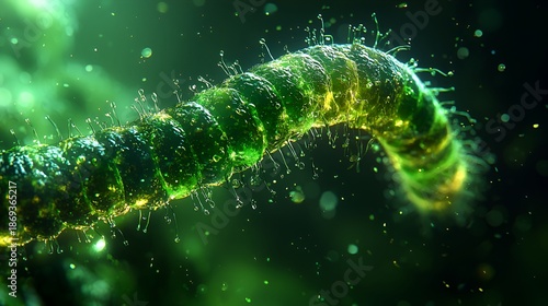 Microscopic view of a spiraling, bioluminescent microorganism.