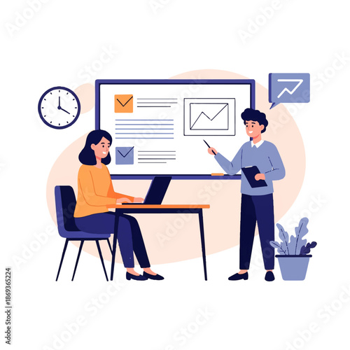 Online teaching with digital whiteboard illustration in cute flat vector style for virtual classrooms, e learning platforms, and teacher presentations