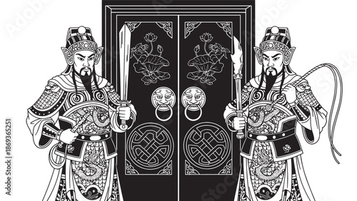 Two Adorned Samurai Guardians Flanking Ornate Screen with Traditional Armor.