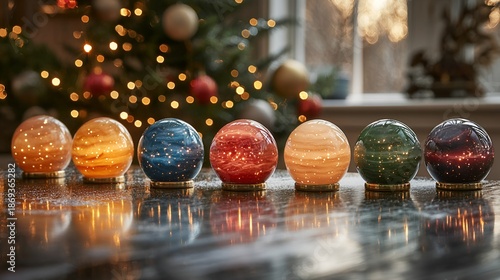 Illuminated planetary spheres on table, Christmas tree background.