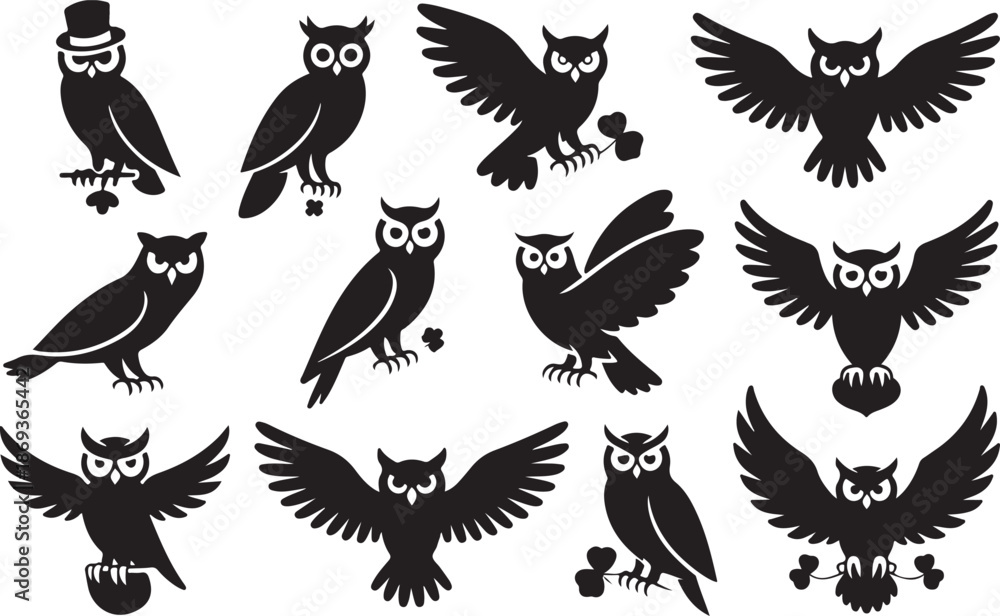 Naklejka premium Diverse Collection of Black Silhouette Owls in Various Poses and Styles Keywords: owl, bird, silhouette, animal, wildlife, nocturnal, wisdom, hoot, flight, wings, perched, sitting, flying